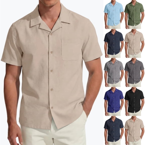Men's Linen Blend Short Sleeve Camp Collar Shirt, Casual Button Down Solid Summer Beach Tops with Lapel Loose Comfortable Shirts (S-3XL)