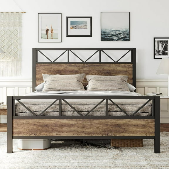 Queen Bed Frame, Tall Industrial Headboard 51.2 ", Platform Bed Frame with Strong Metal Support, Solid and Stable, Noise Free, No Box Spring Needed, Easy Assembly, Rustic Maple