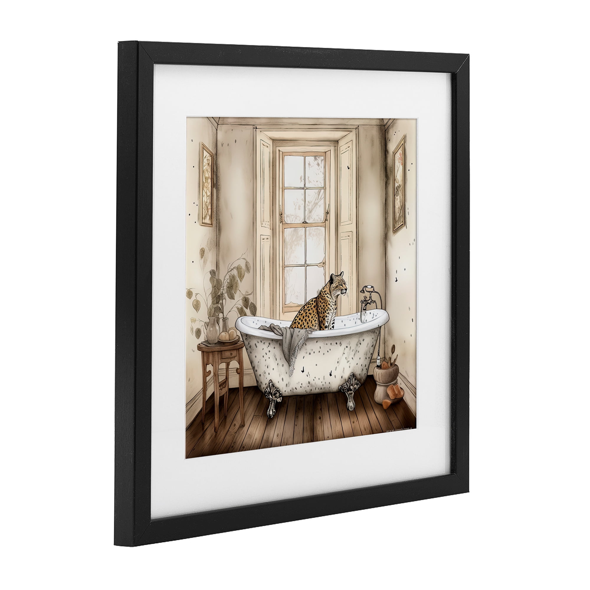 Neutral Leopard Bathtime Black Framed Print Under Glass, design by Sasha