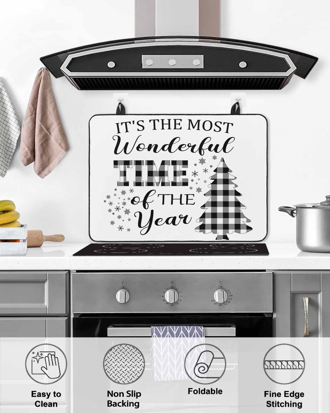 Large Induction Cooktop Protector Mat Christmas Stove Top Covers for Electric Stove, Winter Black White Plaid Pine Tree Snowflakes Decorative Stove Burner Cover Mats, Glass Top Stove Cover