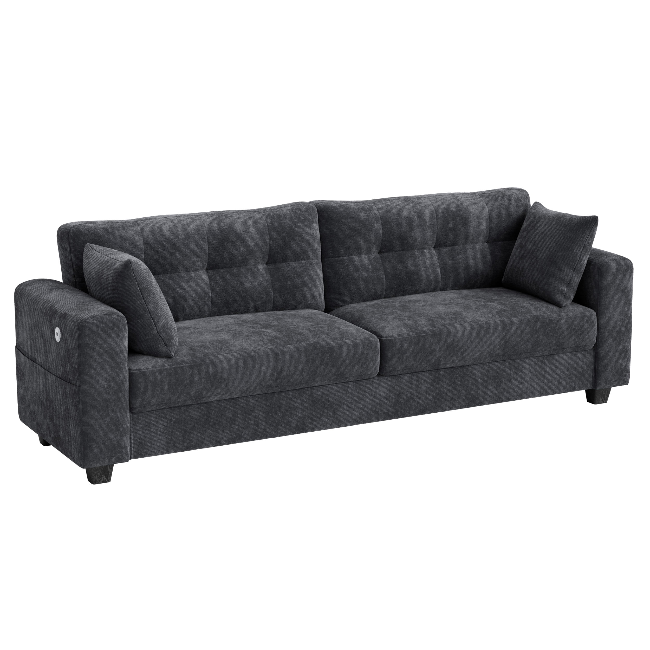 WISHEAD 87" Large 3 Seater Sofa Couch for Living Room, Office, Oversized Couches with Extra Deep Seat, USB Charging Port, 2 Pillows, Dark Gray