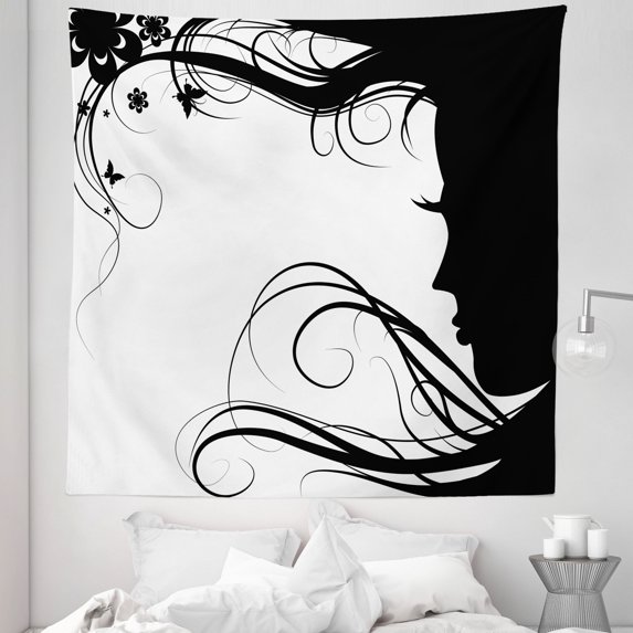 Women Tapestry, Modern Silhouette Style Artwork of Swirling Hair in the Wind Flowers and Butterflies, Fabric Wall Hanging Decor for Bedroom Living Room Dorm, 5 Sizes, Black White, by Ambesonne