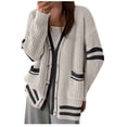thumbnail image 2 of Women's Color Block Button down Knit Cardigan Fall Clothes Loose Casual V Neck Sweater Coat with Pocket New Khaki M, 2 of 5