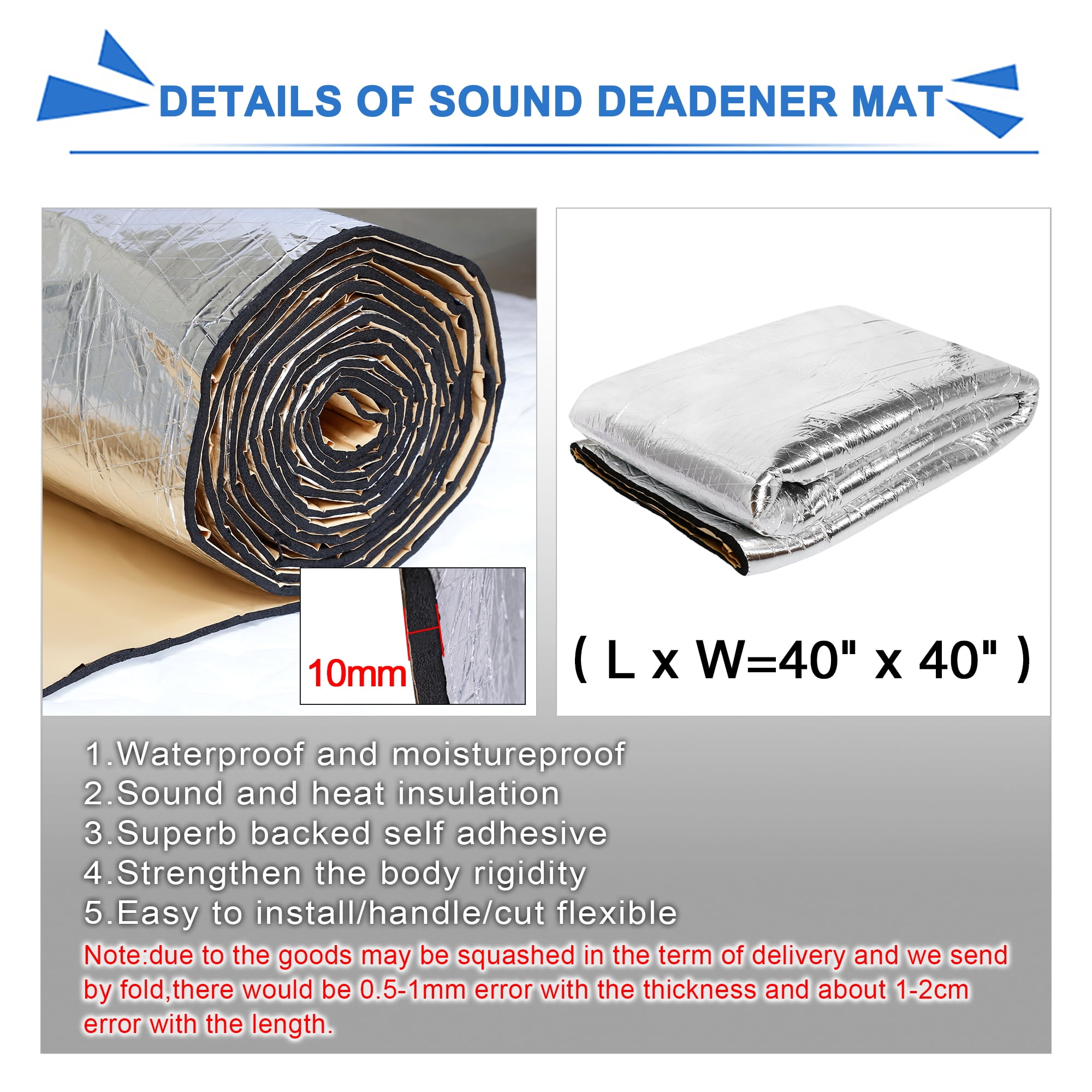 Intensive Aluminum Foil Face uxcell 394mil 10mm 10.76sqft Car Auto Heat Sound Noise Dampener Deadener Insulation Hood Door Underlay Mat 40x40
