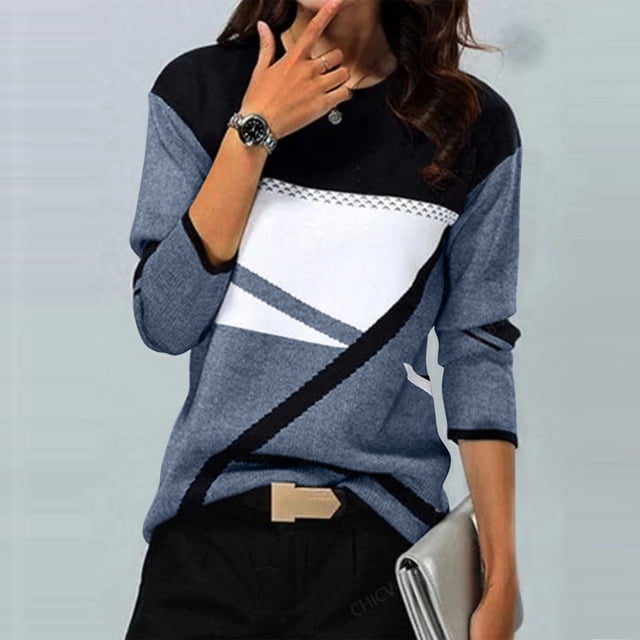 Meichang Hauts à Manches Longues pour Femmes Col Rond Pulls Doux d'Automne Pull Imprimé Géométrique Amusant Chemises Légères Tunique de Bureau