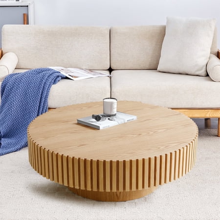FFH 31.5" Round Coffee Table for Living Room,Rustic Modern Coffee Table with Sturdy Pedestal,Nature Wood Handcraft Corner Coffee Table,Circle Side Table Centre Table for Apartment,Nature
