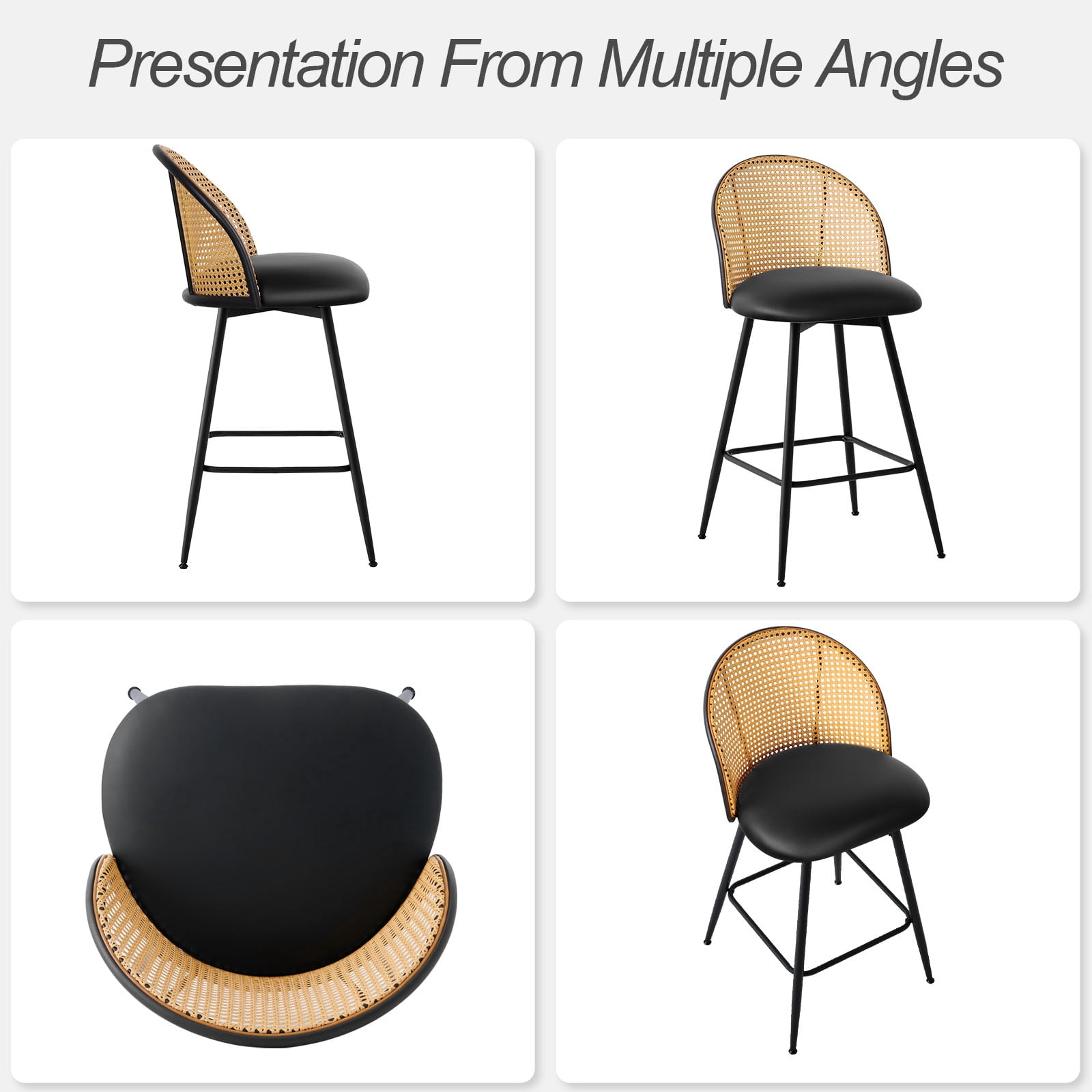 ANMINY Rattan Swivel Bar Stools, 26" Counter Height Set of 2, Upholstered Chairs Barstools with Full Back and Metal Legs Modern PU Fabric Seat for Kitchen Island