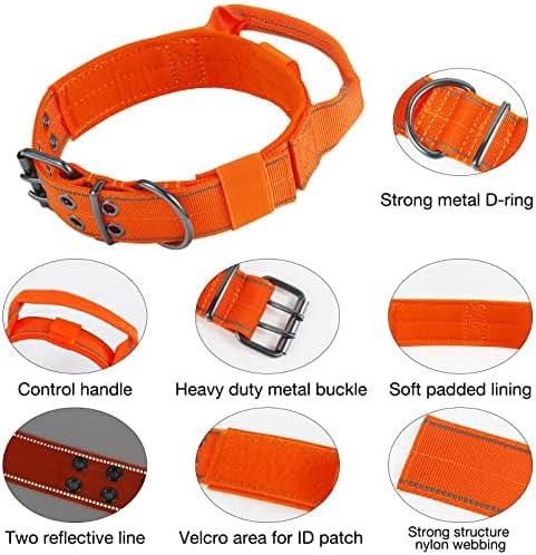Reflective Dog Collar Heavy Duty Tactical with Control Handle and Metal Buckle for Dog Training(L,Orange)