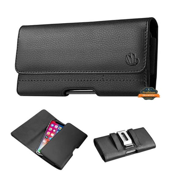 For Apple iPhone 16 Pro Max (6.9") Universal PU Leather Horizontal Phone Pouch Holder Carrying Case With Fixed Belt Clip Holder, Magnetic Closure - Black