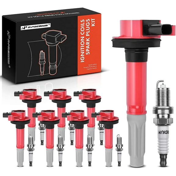 A-Premium (Red) Ignition Coils and Spark Plugs Kits Compatible with Ford F-150 2011-2016, Mustang 2011-2015, 5.0L 8-PC Set