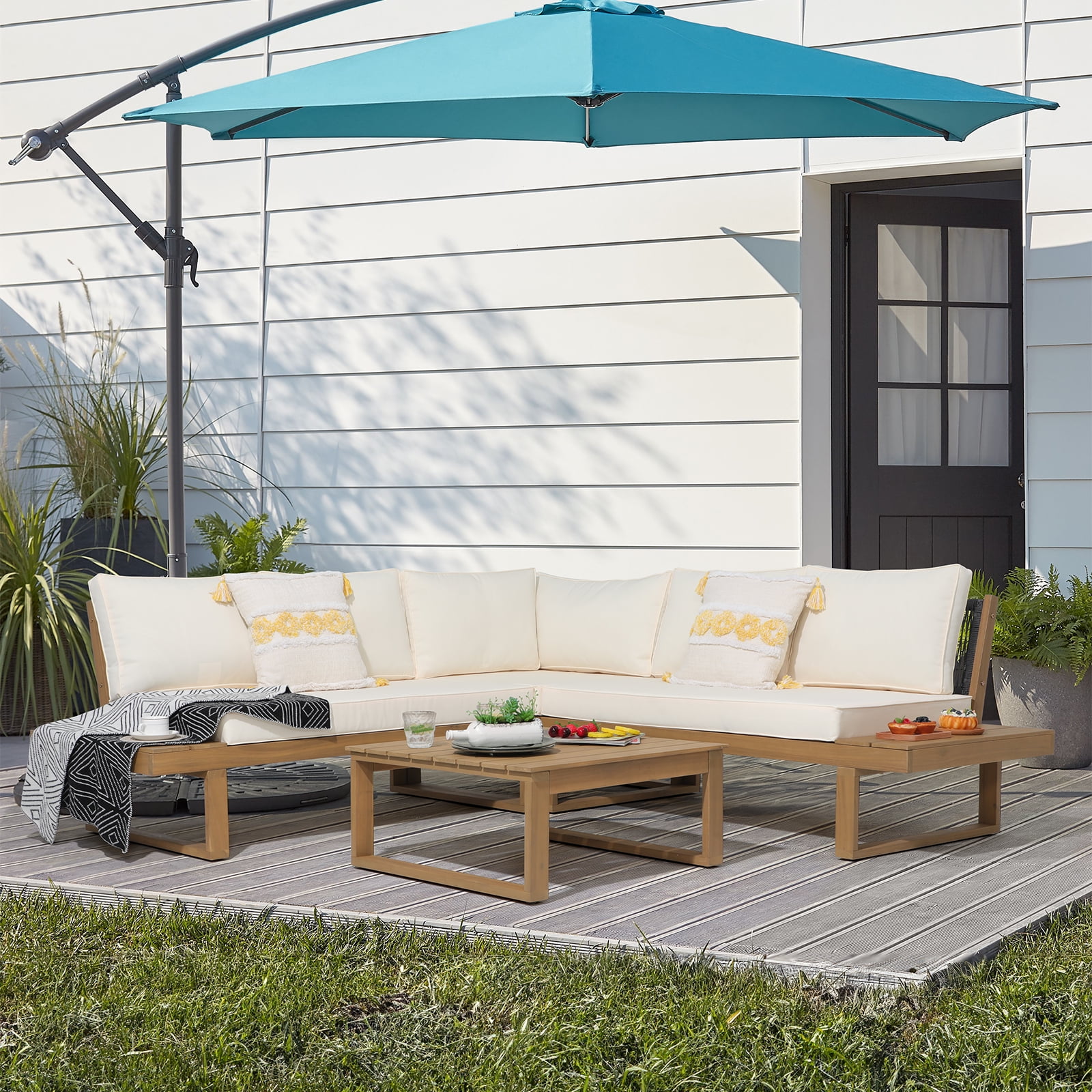 JOIVI Outdoor 4-Piece Acacia Wood Furniture Set, All-Weather Patio Sectional Sofa Set, Rope Lounge Couch with Wood Table, Cream White Cushion