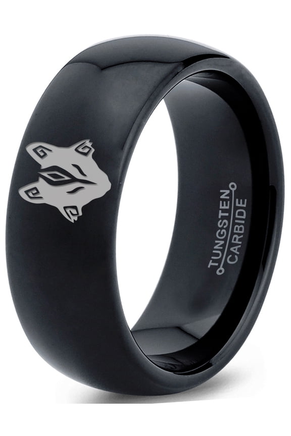 Tungsten Tribal Wolf Band Ring Band Ring 8mm Men Women Comfort Fit Black Dome Polished