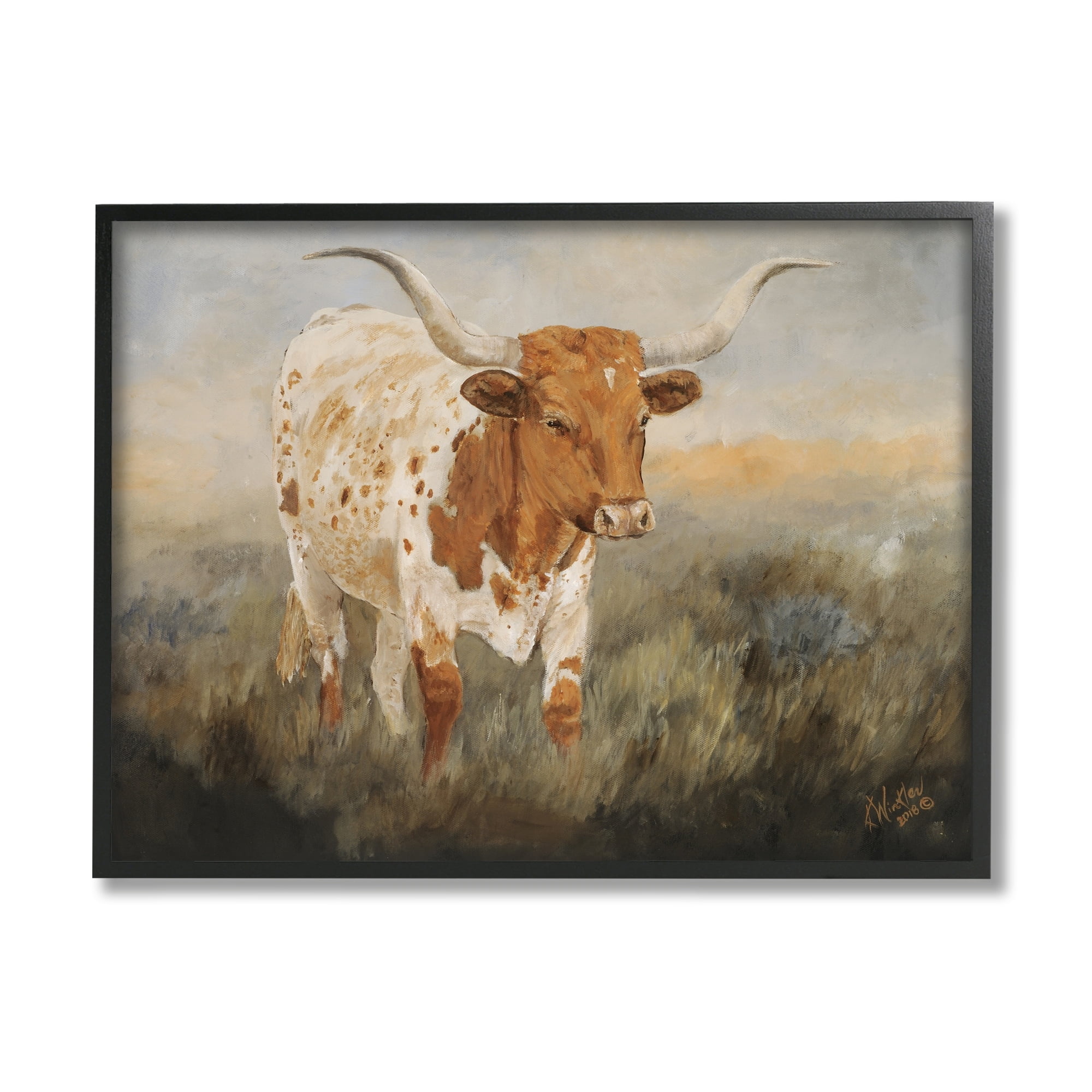 Stupell Industries Longhorn Cattle Grazing Animals & Insects Painting Gray Framed Art Print Wall Art