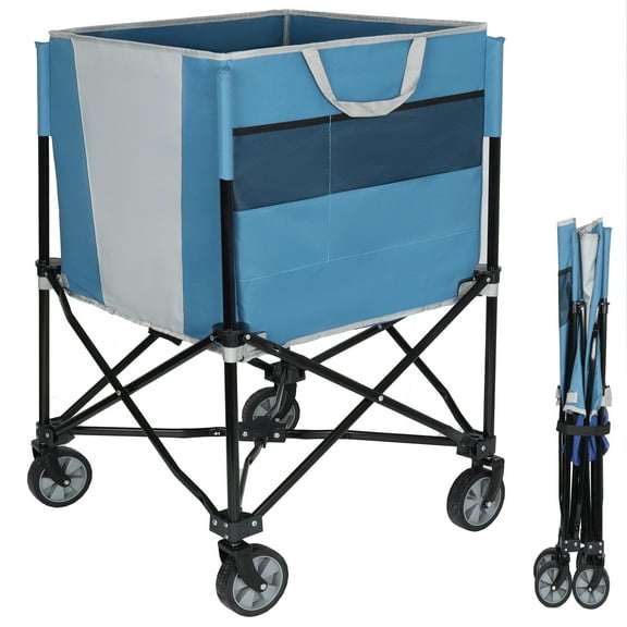 Rolling Ball Storage Cart with Wheels, Collapsible Garage Sports Equipment Organizer for Volleyball, Basketball, Tennis, Multi-Sport Family Gym Storage, Blue/Gray