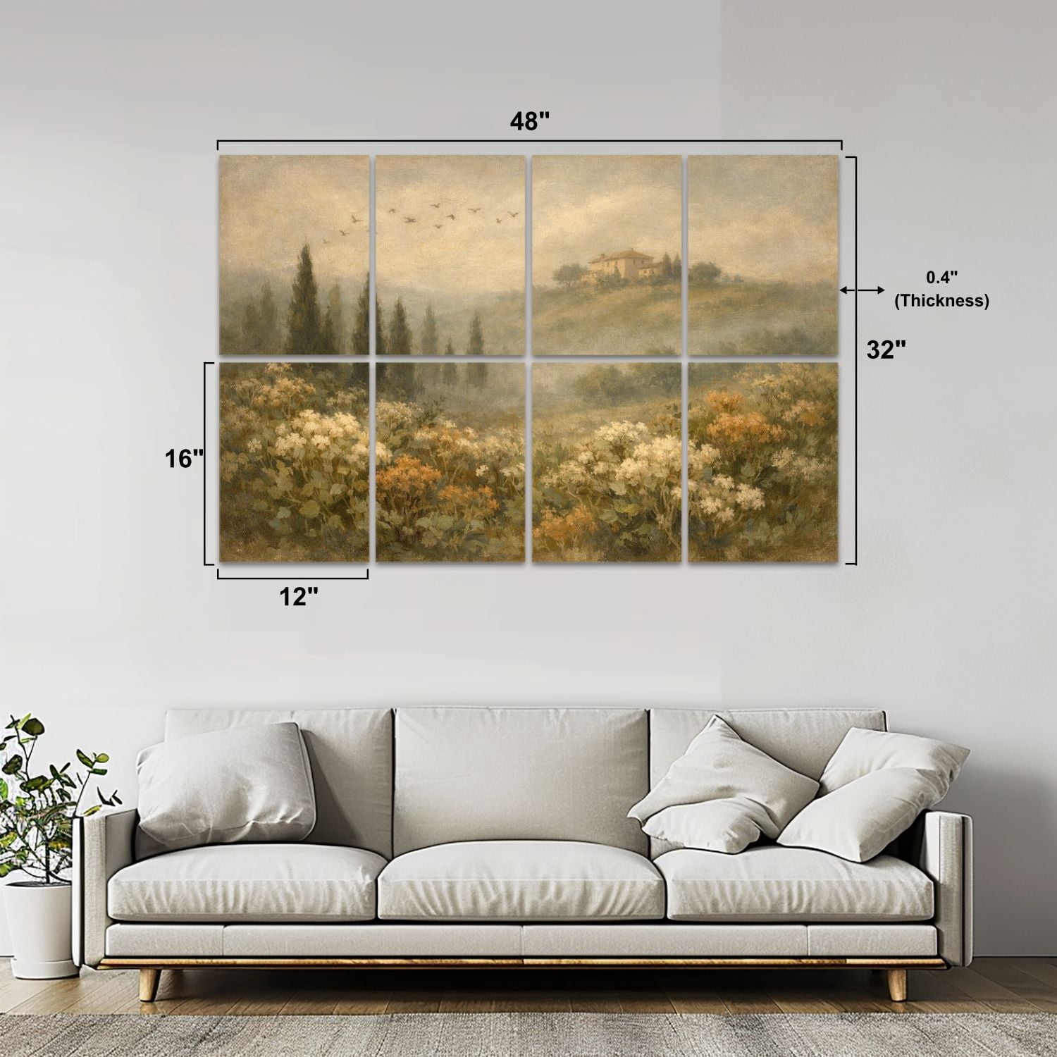 8 Pack Art Acoustic Panels Serene Tuscan Landscape Cypress Trees Hills Distant Villa Self Adhesive Absorbing Dampening Panels Self Adhesive for Nursery Game Room Bedroom 48"x32"
