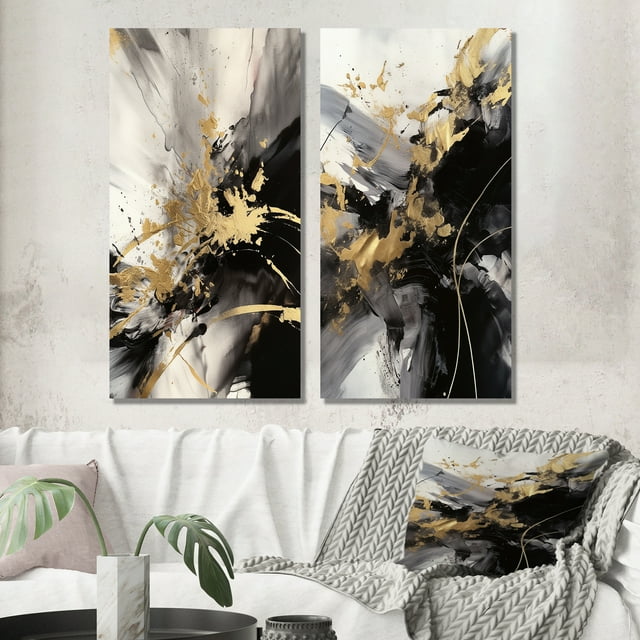 Designart "Fluid Fusion in Gold and Grey II" Abstract Wall Art Set Of 2 - Gold Abstract Canvas Set For Living Room Decor