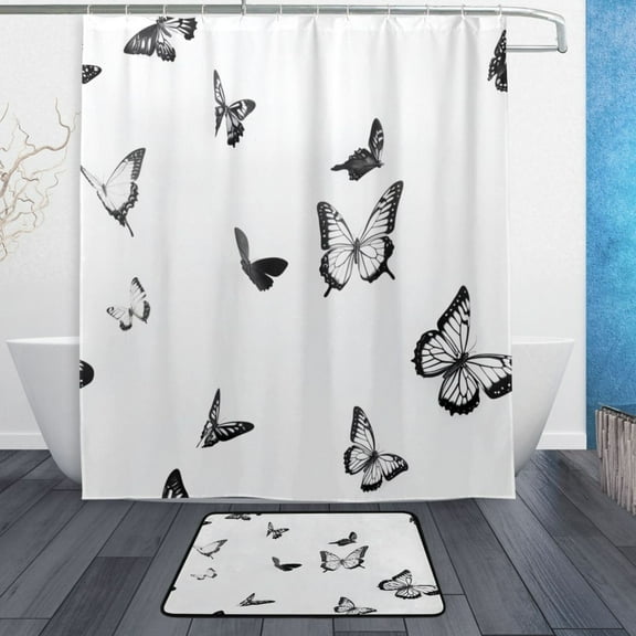 Bath Curtain & Non-Slip Bath Mat Set 12-Grommet Shower Curtain Memory Foam Bath Rug Black and White Butterflies Pattern