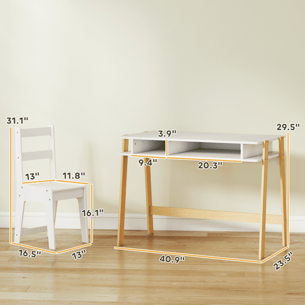 Kids Desk and Chair Set, MDF & Pine Wood, 4 Storage Compartments, Ergonomic Posture Support, 3-12 Years