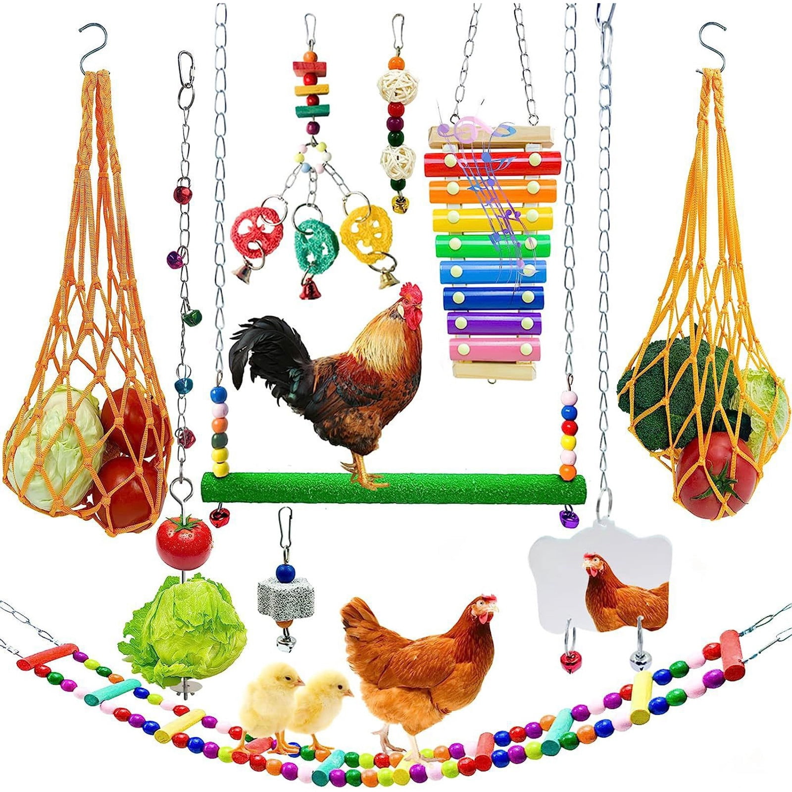 Chicken Cage and Bird Cage Accessories Set Multi-Function Toy Kit with Foraging Net Ladder Mirror Fruit Vegetable Skewer and Wooden Xylophone, Enrichment Toys for Pet Birds and Poultry