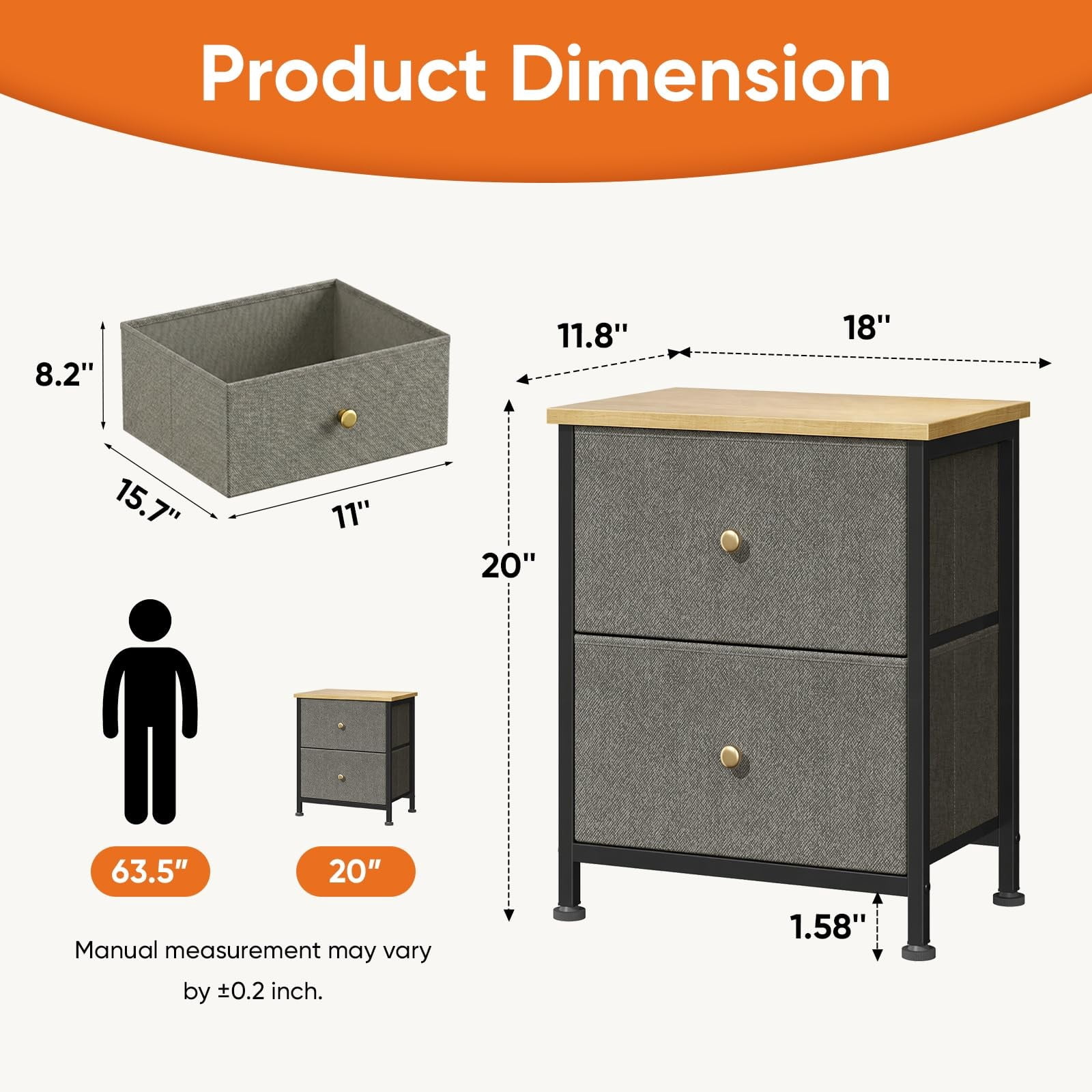 Telyra Fabric Nightstand with 2 Drawers 20" Bedside Table with Wood Top and Steel Frame Small Storage Organizer, Ink Green