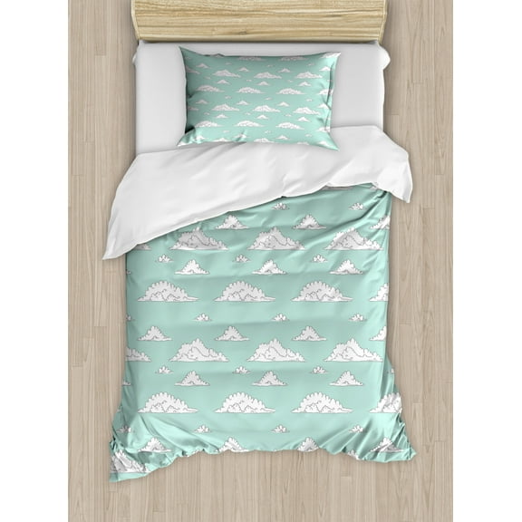 Teal and White Twin Size Duvet Cover Set, Cartoon Style White Fluffy Clouds in the Clear Summer Sky Doodle Pattern, Decorative 2 Piece Bedding Set with 1 Pillow Sham, Seafoam White, by Ambesonne