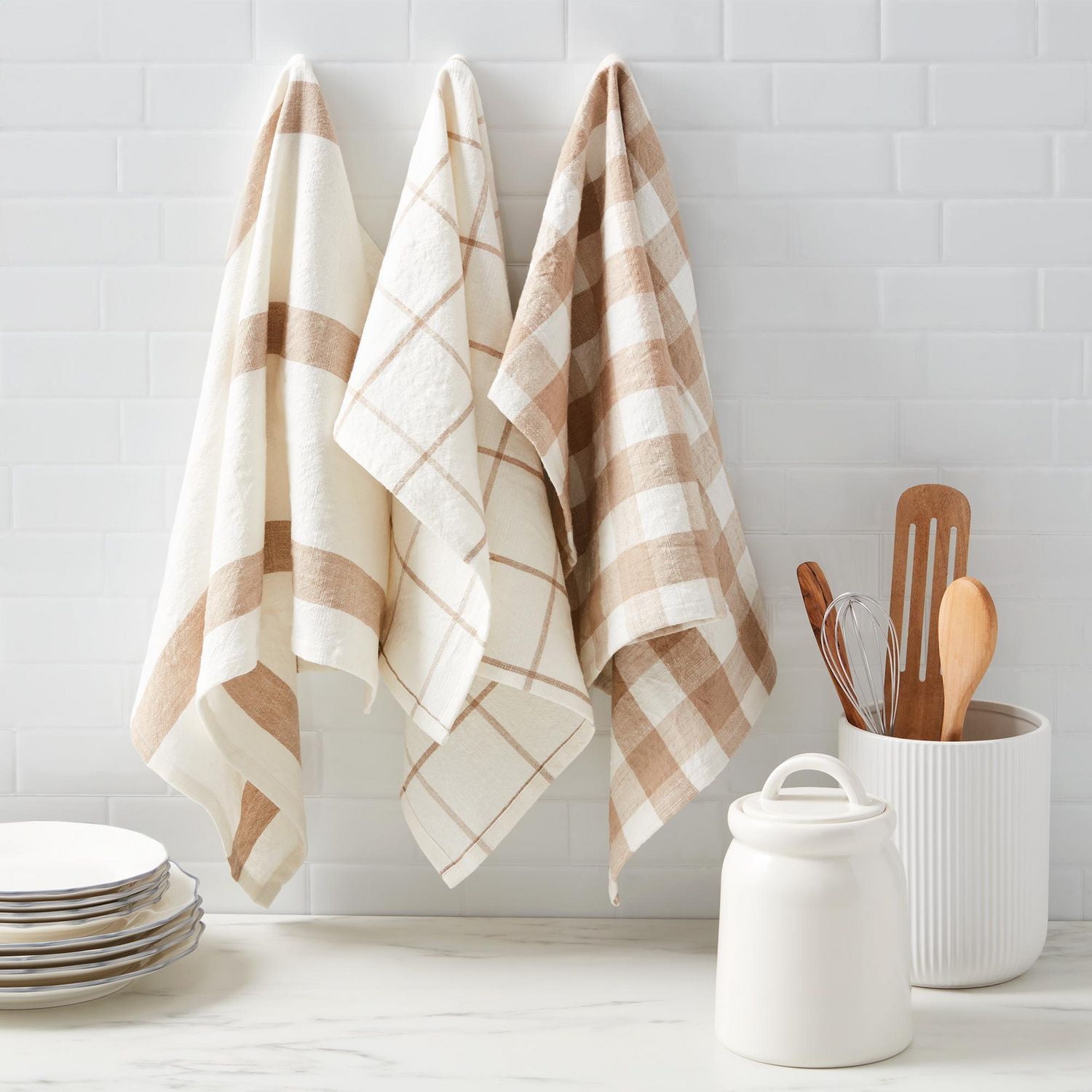 FRAÎCHE Spring Taupe Gingham Kitchen Towels, 3 Pack, One Size