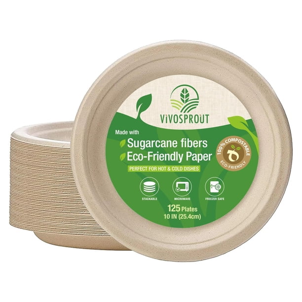 VIVOSPROUT Platos de Papel Compostables Desechables (Marrón Natural, 10 Pulgadas - Paquete de 125)