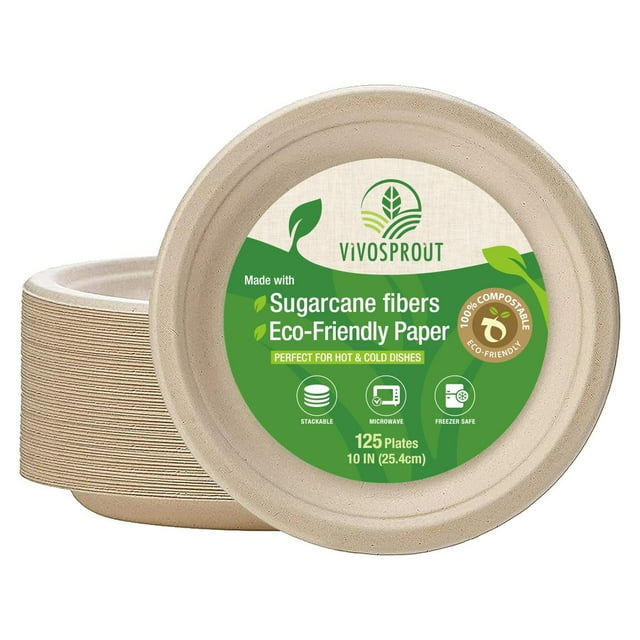 VIVOSPROUT Platos de Papel Compostables Desechables (Marrón Natural, 10 Pulgadas - Paquete de 125)