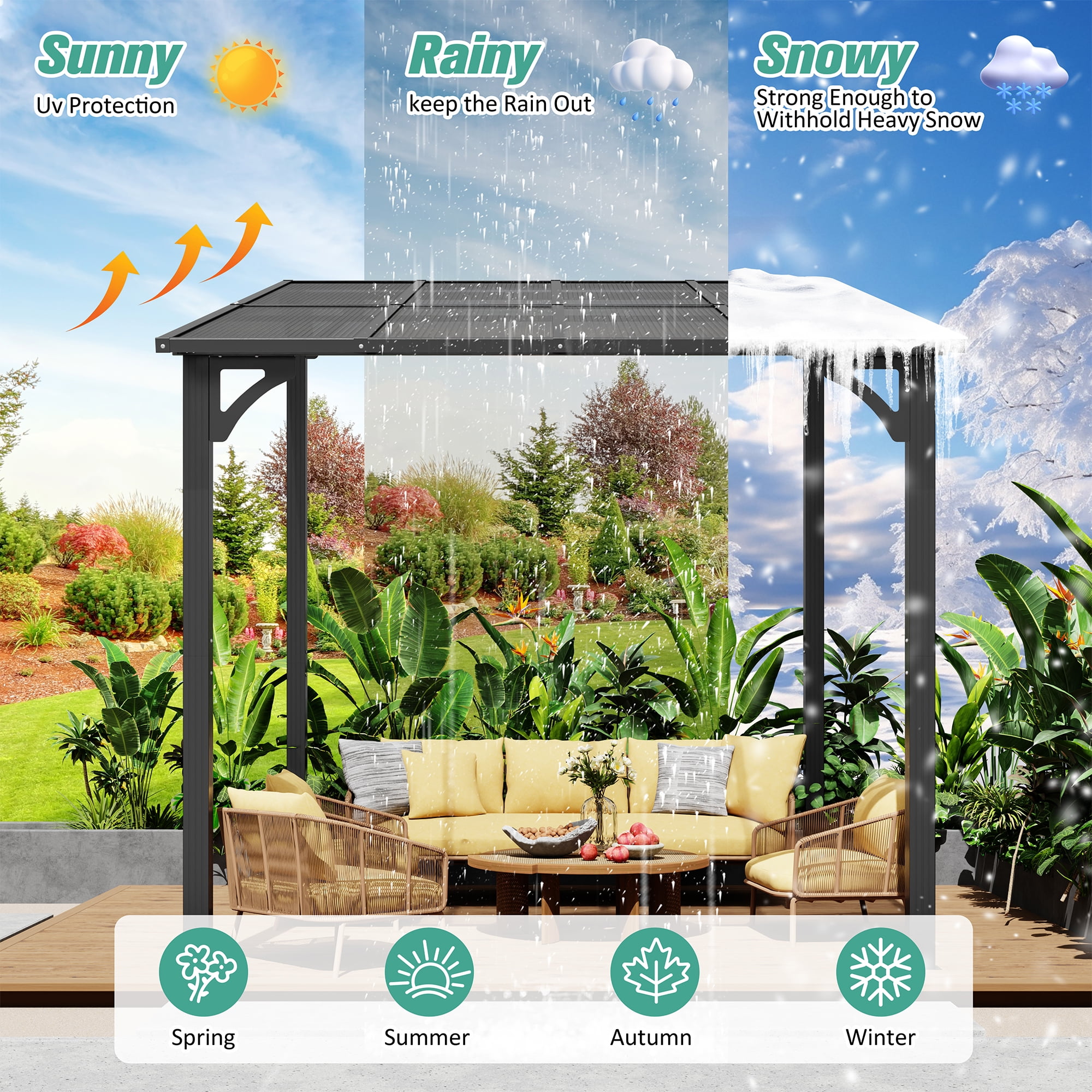 Walsunny Gazebos Hardtop 8' x 10' Outdoor Aluminum Pergola Heavy Duty Wall-Mounted Awnings with Sloped Roof for Patio,Deck, Backyard,Garden
