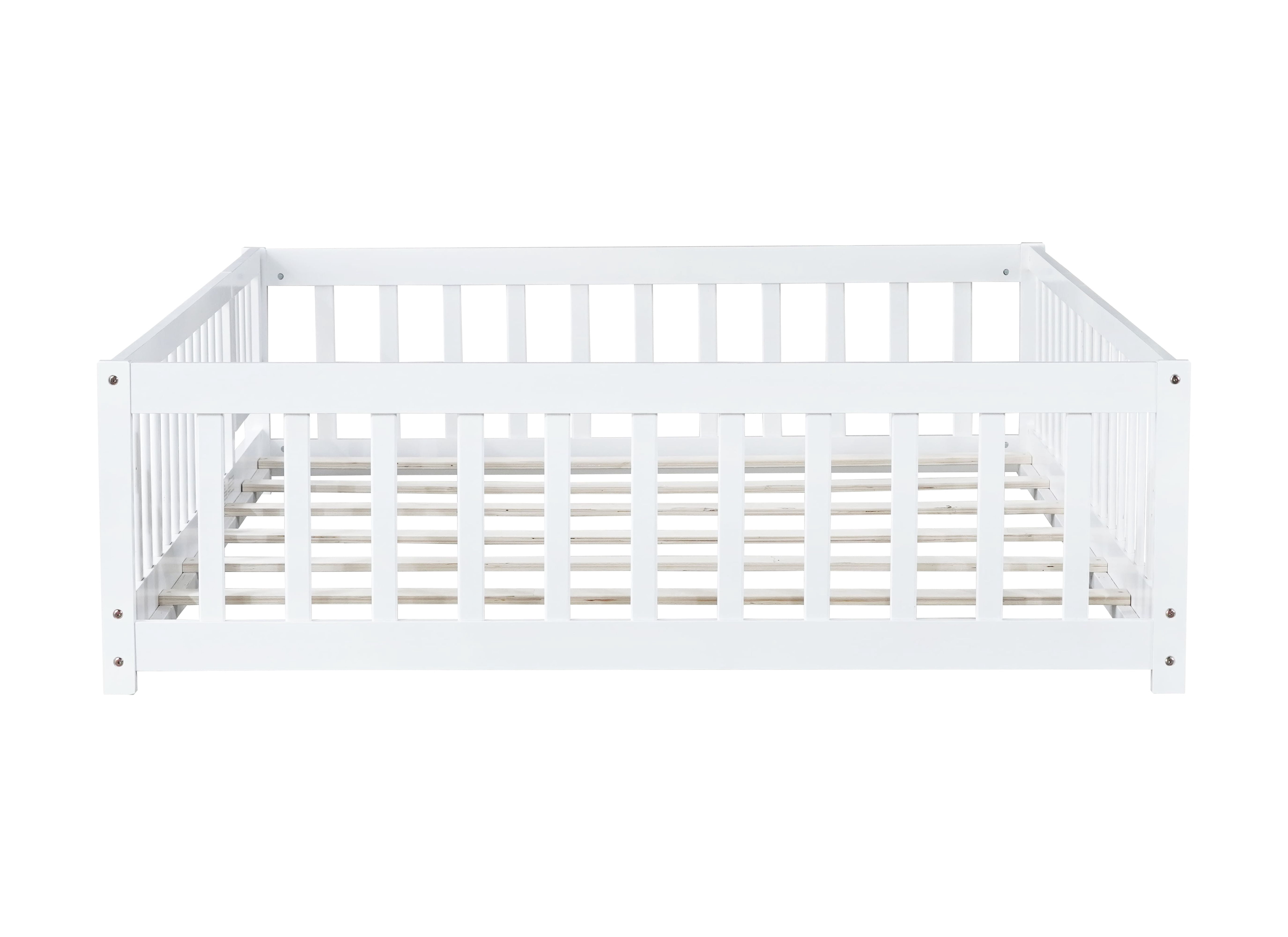 Full Size Floor Bed with Fence and Door,Rubber Wood Floor Bed with Safety Guardrails,White