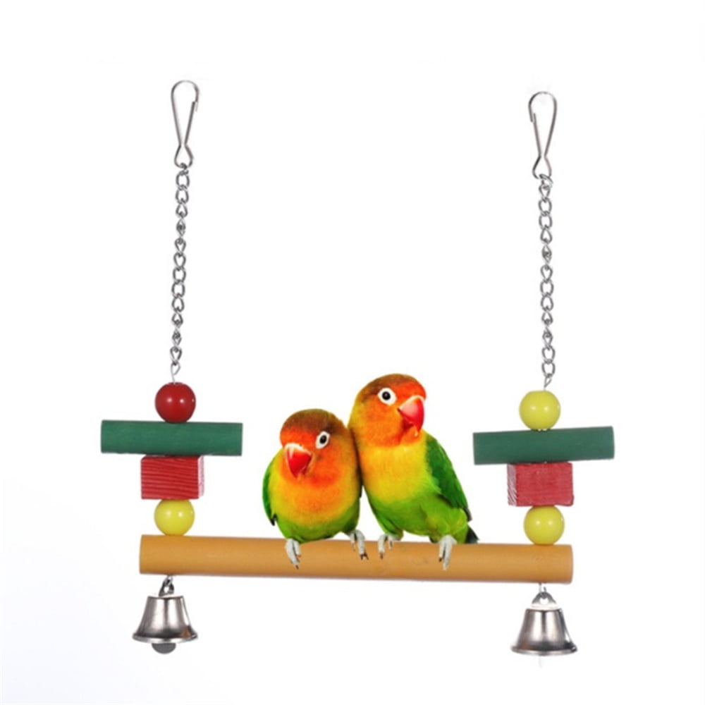 Small Bird Swing Toys Wooden Parrot Perch Hanging with Metal Bells