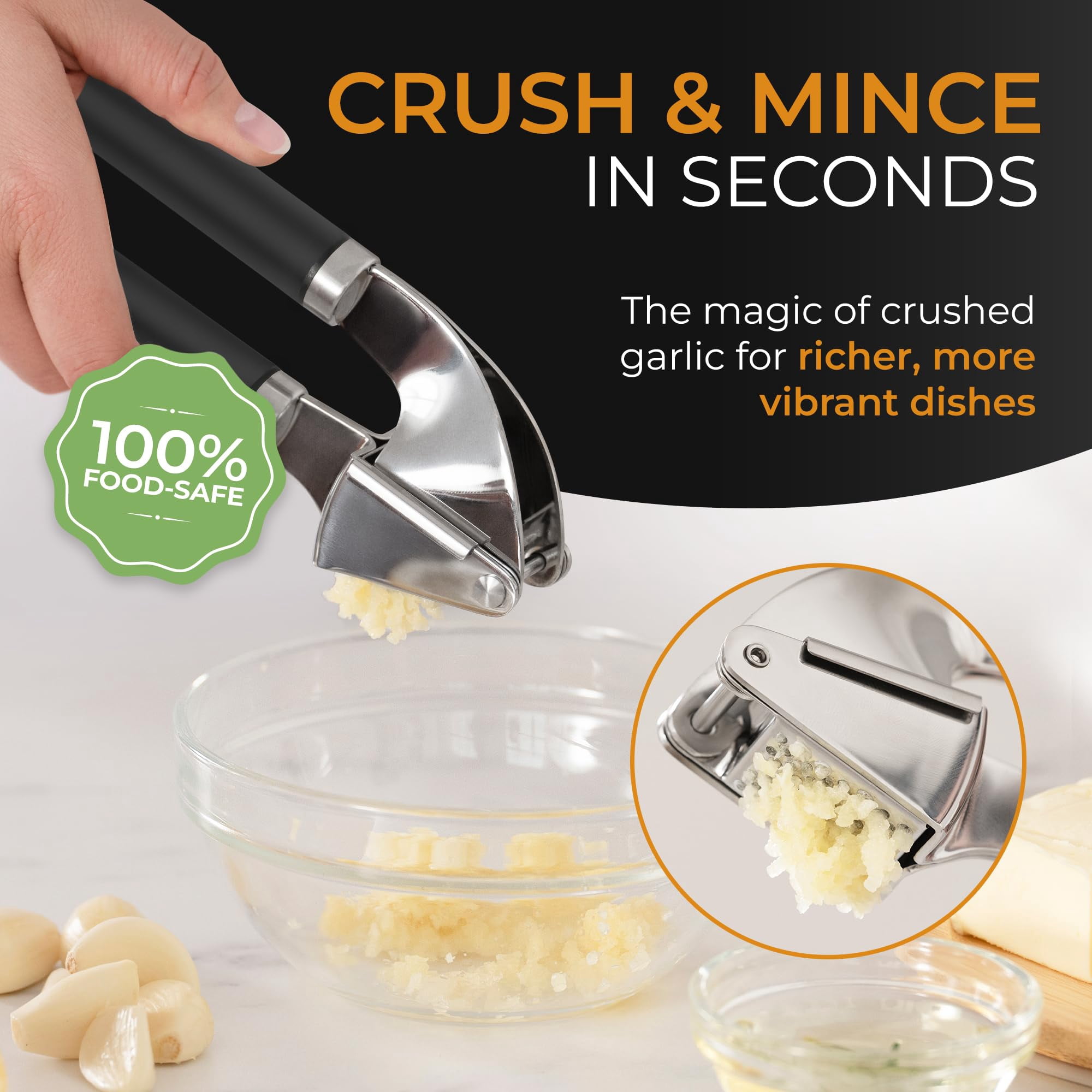 Garlic Press Stainless Steel - Premium Professional Grade Garlic Mincer, Crusher & Peeler Set - Easy Clean, Dishwasher Safe & Rust-proof