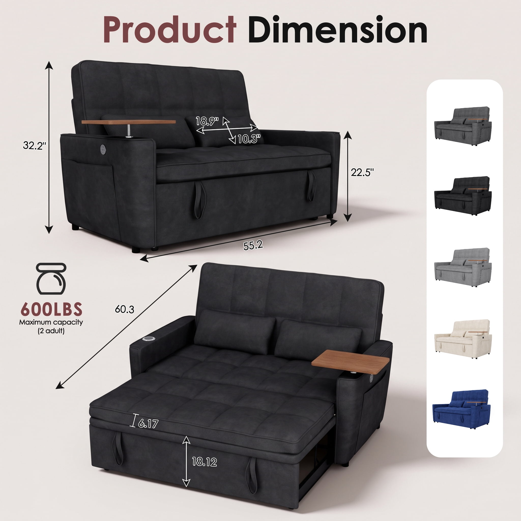 avobird 54'' Pull Out Sofa Bed, Convertible Sleeper Couch for for Living Room, Side Desk, USB Ports, Cup Hold, Velvet Fabric, Adjustable Backrest, Black