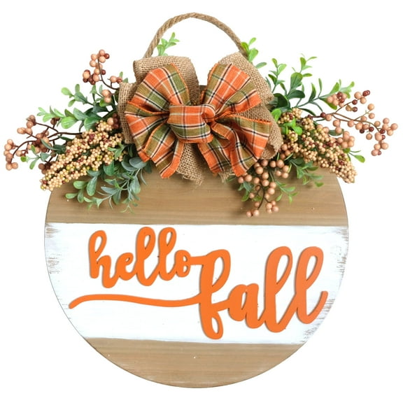 Welcome Sign for Front Door 13'' Wood Wreath Farmhouse Door Sign for Front Door Porch Decor with Green Leaves, Berry & Buffalo Bow