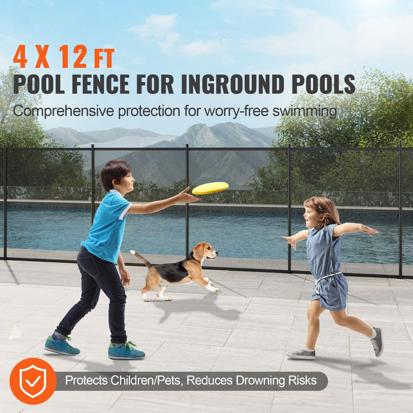 Pool Fence, 4 x 12 FT Pool Fences for Inground Pools, Removable Child Safety Pool Fencing, Easy DIY Installation Swimming Pool Fence, 340gms Teslin PVC Pool Fence Mesh Protects Kids and Pets