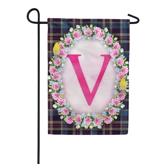 America Forever Spring Monogram Garden Flag Letter V 12.5 x 18 inches Double Sided Vertical Outdoor, Yard, Lawn, Seasonal Decorative Yellow Flowers, Pink Rose, Floral Wreath Garden Flag