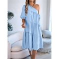 thumbnail image 6 of Women One Shoulder Beach Vacation Casual Puff Sleeve Tiered A Line Flowy Sun Dress Light Blue L, 6 of 9