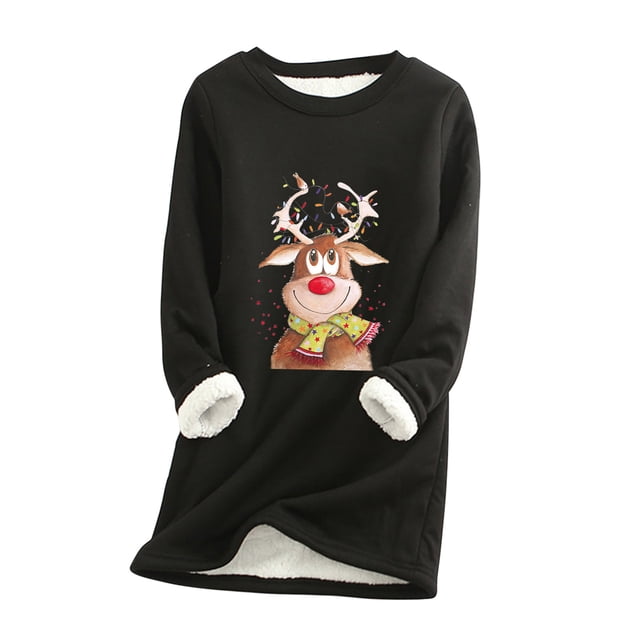 Hoodies Femmes et Hiver Décontracté Mode Tempérament Peluche Chaude sous-Couche Imprimé de Noël Pull Manches Longues Col Rond Haut Tendance Hoodies en Solde