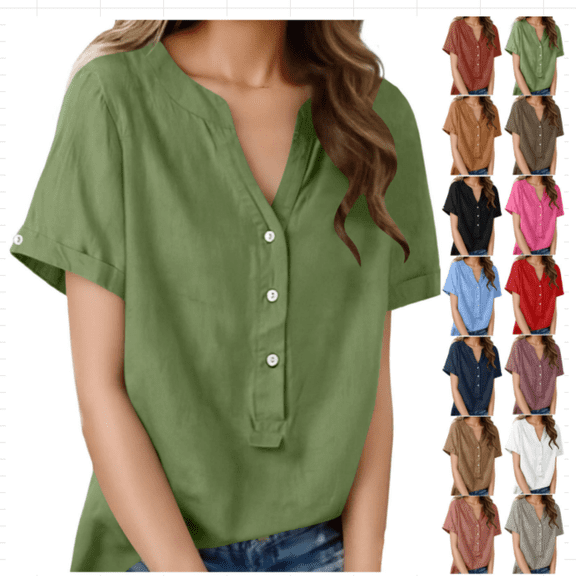 Juesizh Cotton Linen T Shirts for Women V Neck Short Sleeve Tops Summer Loose Solid Color Half-Open Front Basic Tee Shirts Blouses, S-2XL