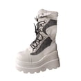 thumbnail image 2 of BRGZLK Womens Platform Mid Calf Boots Winter Plus Size Round Toe Chunky Heel PU Leather Goth Zip Lace Up Street Style Knee High Boot Trendy Motorcycle Booties White 36, 2 of 6