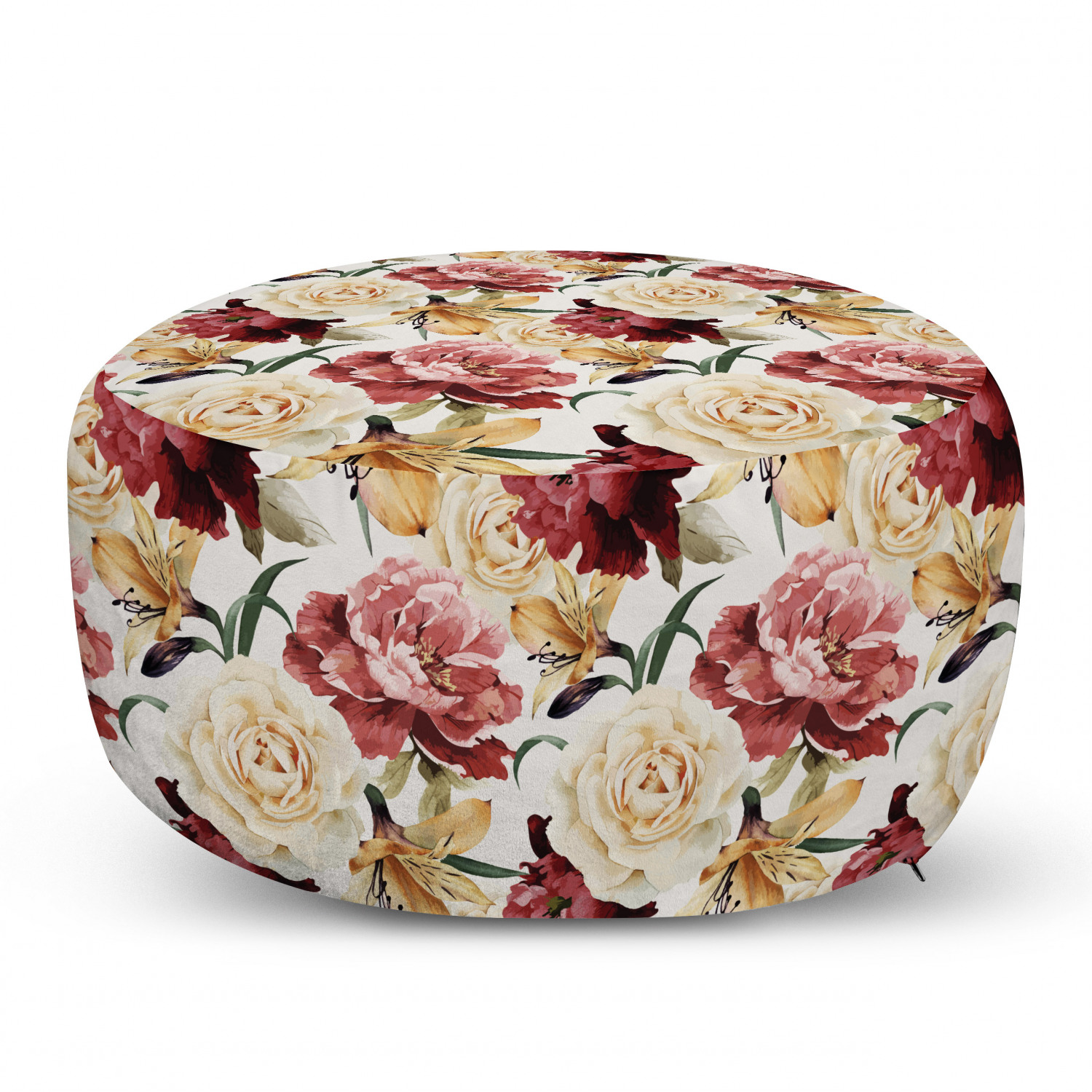 Rose Pouf Cover with Zipper, Watercolor Painting Look Roses Peonies ...