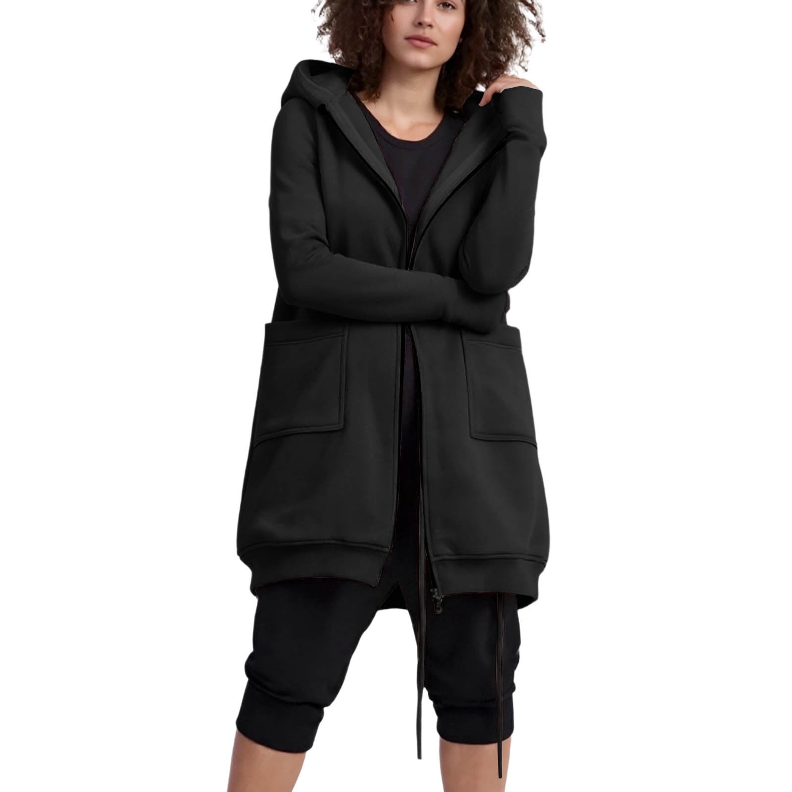 Maxi Hoodie with Thumb Holes Sevevn Women's Solid Color Jacket Fleece Casual Zipper Long Sleeve Pocket Hooded Long Sweater Black XL