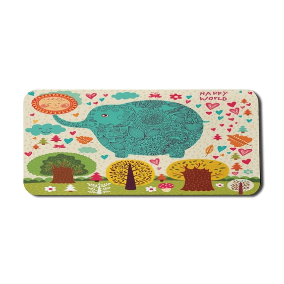 Animal Computer Mouse Pad, Illustration Animal Happy World Trees Leaves Hearts Love Children Artwork, Rectangle Non-Slip Rubber Mousepad X-Large, 35" x 15" Gaming Size, Multicolor, by Ambesonne