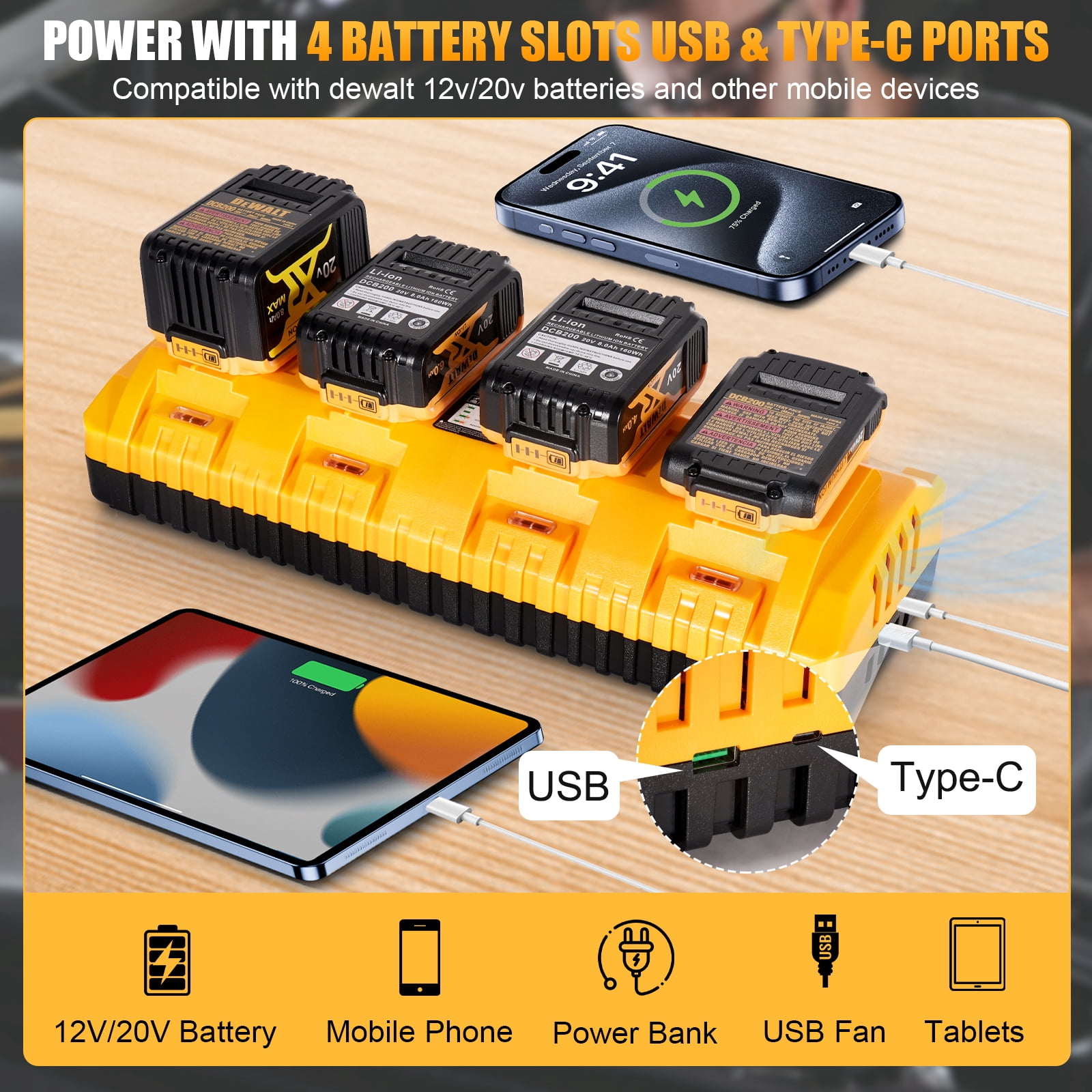 Yetoking Replacement for Dewalt Battery Charger Station DCB104 12V-20V Battery