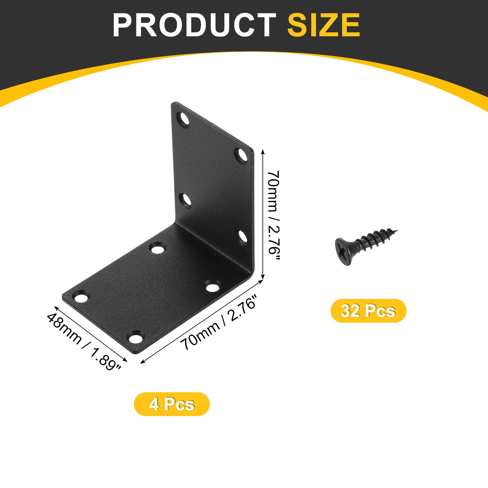4Pcs L-Shaped Brackets Corner Brace, 2.76"x2.76"x1.89" Corner Bracket Shelf Bracket Right Angle Brackets for Wood Shelves Furniture (70x70x48mm, Black)