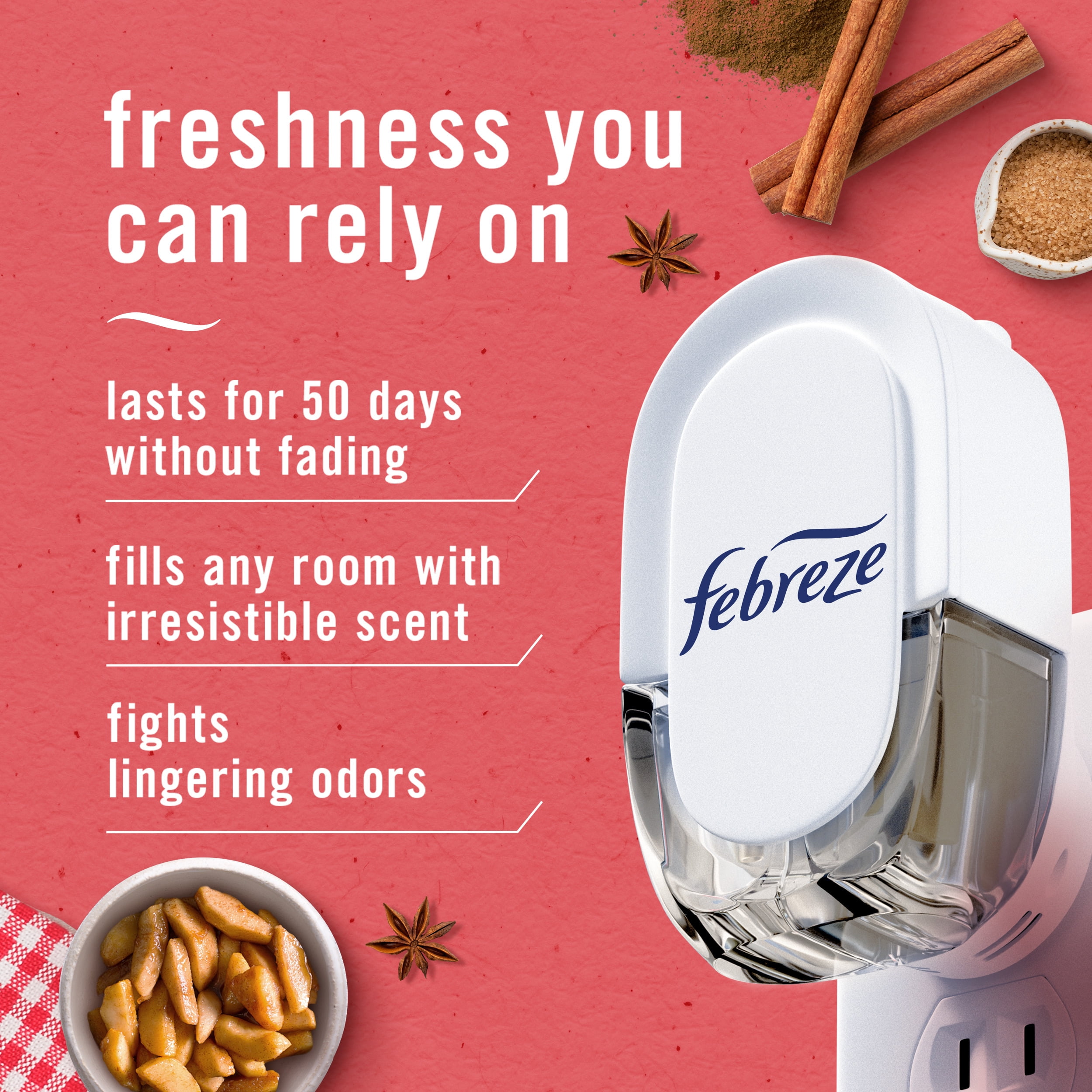 (3 pack) Febreze Plug In Air Freshener, Odor-Fighting Scented Oil Refill, Baked Cinnamon Apples, 3 Count