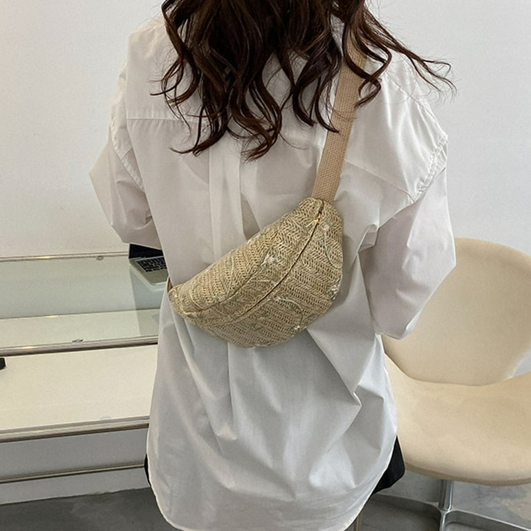 Straw Crossbody Sling Bag for Women Straw Fanny Packs