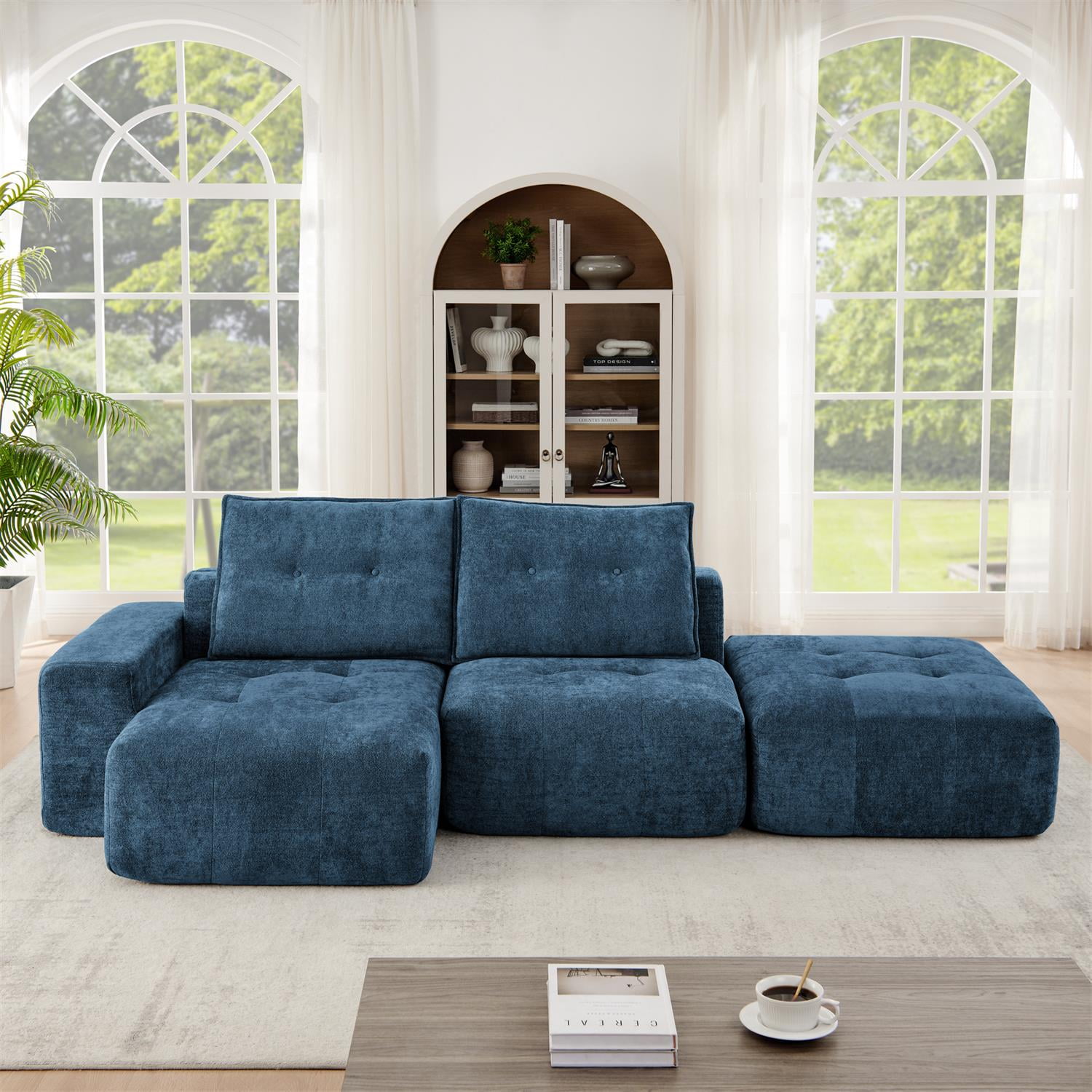 Demi Bonn 108" Modular L Shaped Sectional Sofa, Wide Deep Seat Convertible Linen Couch Set for Living Room & Office, No Assembly, Blue