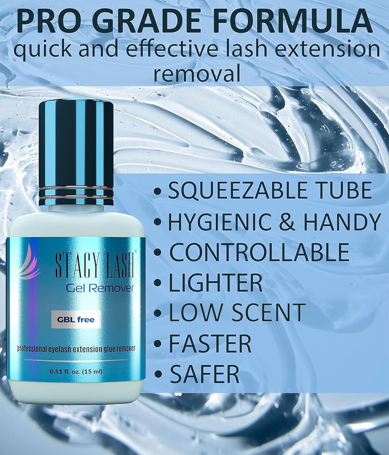 Stacy Lash Gel Remover for Eyelash Extension Glue, 15ml, Professional Use