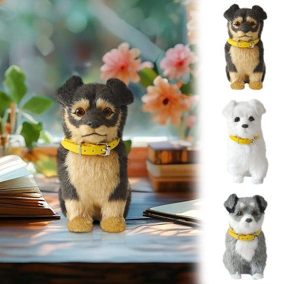Simulation Pet Dog Tabletop Decor, Yellow Collar Sounding Dog Ornaments Furry Pet Toy for Home Office Decoration Collection Gift